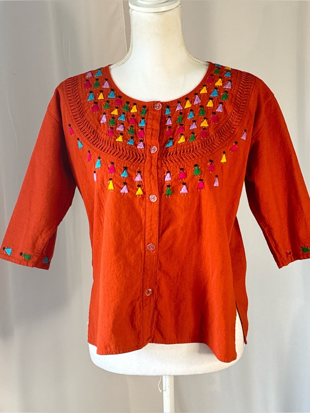 50% Off! Hand Embroidered Folk Art Cotton Blouse Rust Orange Size M